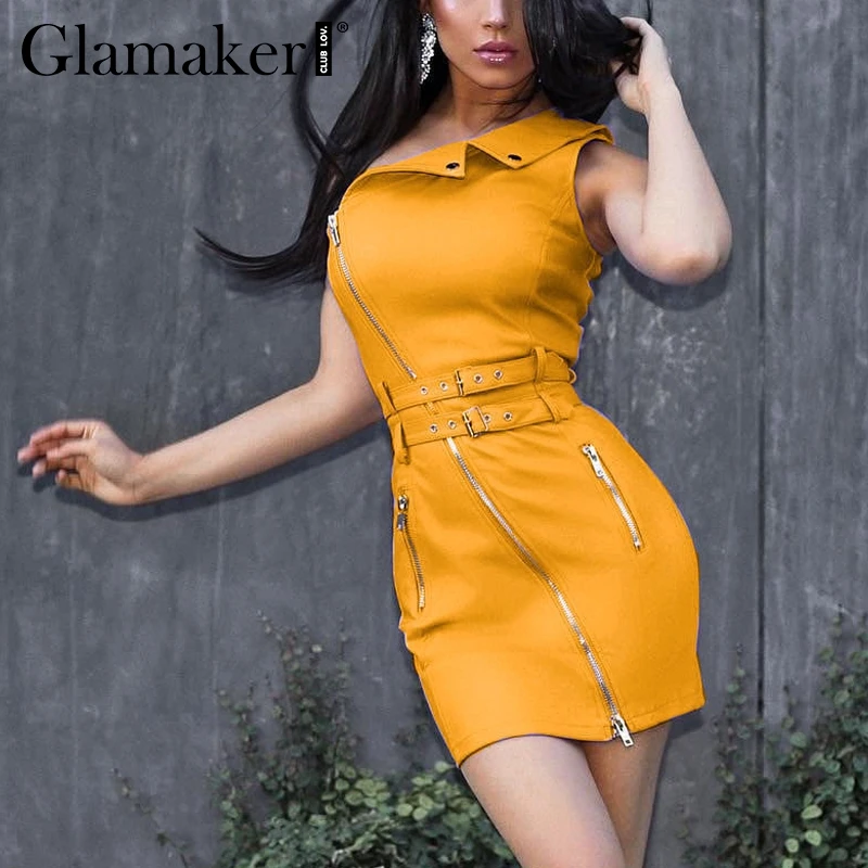Женское платье на одно плечо Glamaker Осеннее облегающее из искусственной кожи