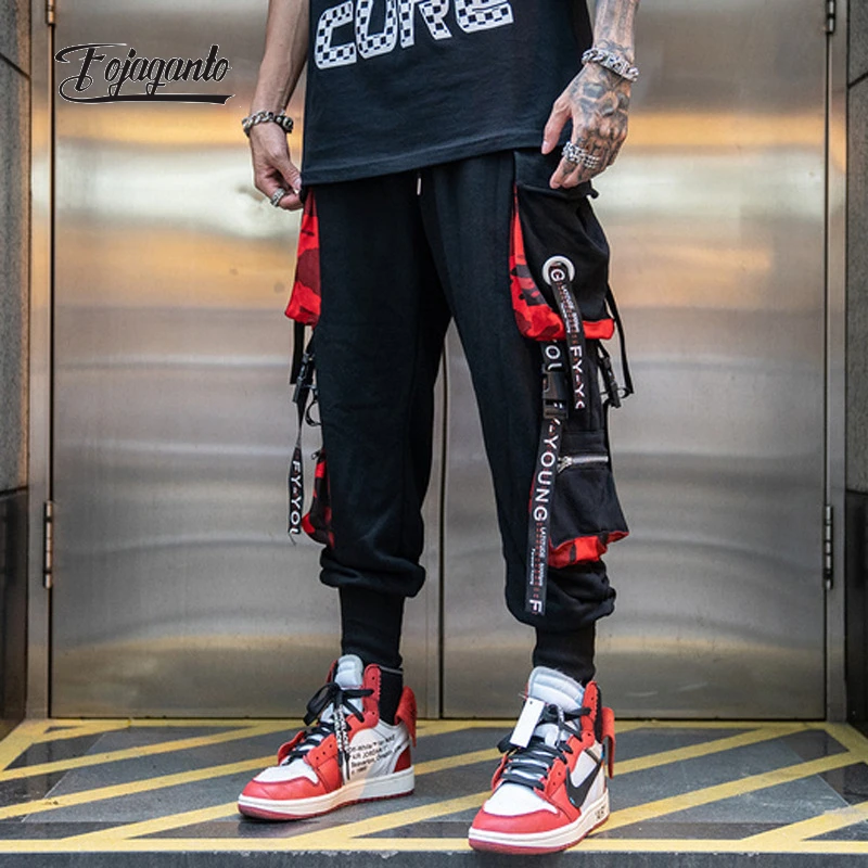 

FOJAGANTO Men Hip Hop Cargo Pants Letter Printing Ribbons Pockets Casual Trousers Trendy High Street Joggers Sports Pants Male