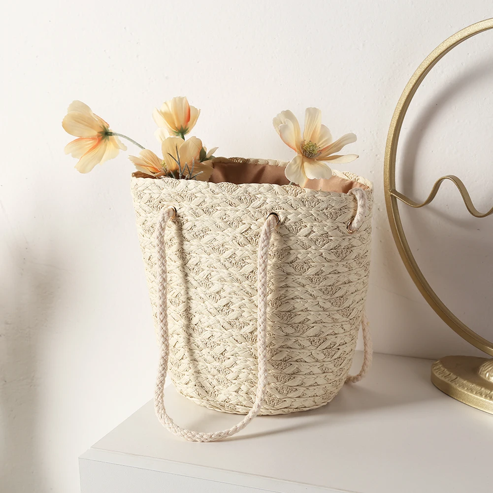 

Fashion Straw Woven Bucket Crossbody Bags For Women Solid Color Shoulder Messenger Bag Ladies Summer Beach Small Handbags Purses