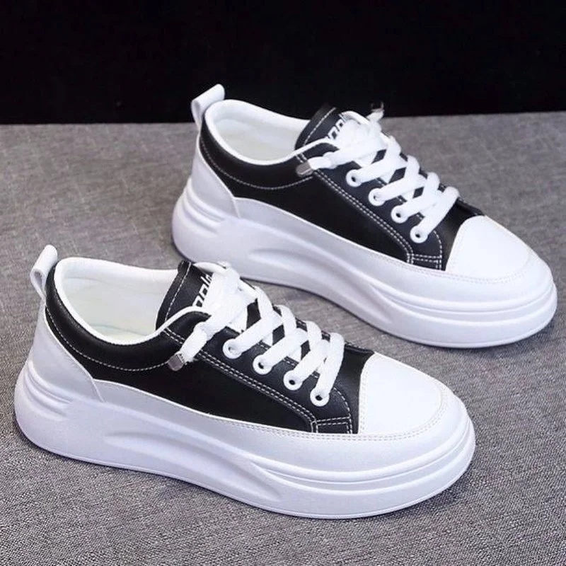 

Fashion White Split Leather Women Chunky Sneakers White Shoes Lace Up Tenis Feminino Zapatos De Mujer Platform Women Casual Shoe
