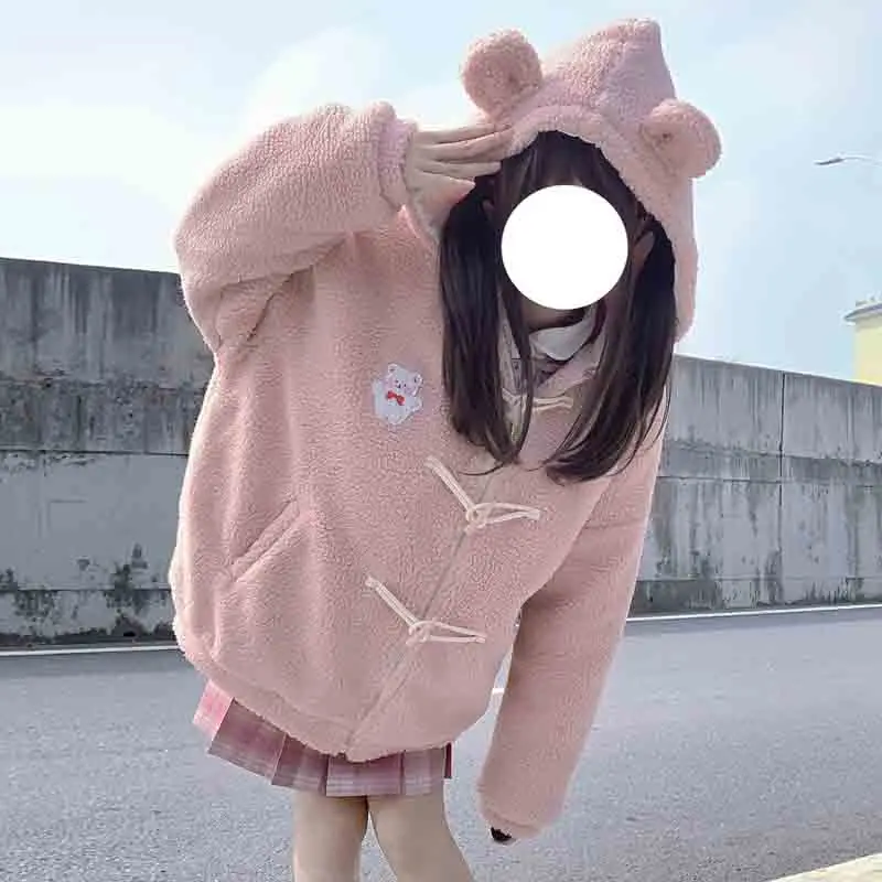 

Sweet Kawaii Girly Lambswool Plush Lolita Hooded Coats Girls Winter Women Harajuku Warm Soft Girl Male Embroidery Sweatshirts