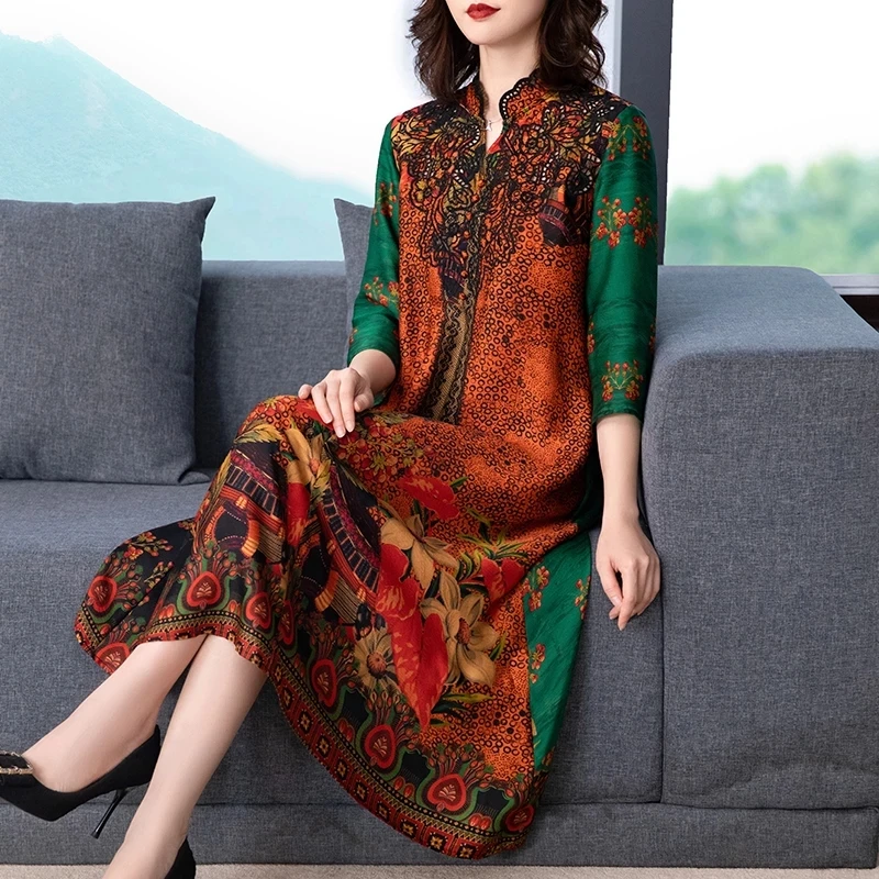 

2021 Boho Vintage Print Mulberry Silk Midi Dresses Summer Loose M-4XL Plus Size Casual Dress Elegant Women Party Vestidos