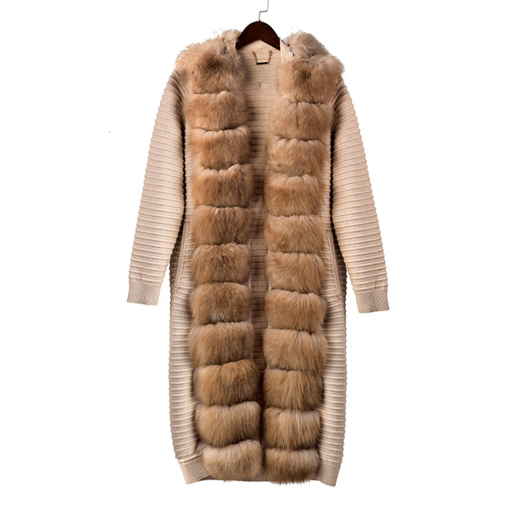 YC032-3 Tatiana Furclub Модное темно-серое трикотажное пальто с поясом зимнее пальто из натурального меха женское тонкое вязаное с лисьим меховым воротником длинное пальто - Цвет: YC032-3