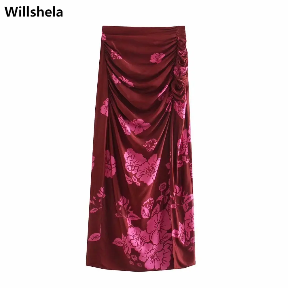

2021 Women Vintage Floral Printed Skirt Fashion High-waist Draped Pleated Elegant Chic Lady Slit Midi skirts Woman jupe