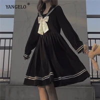 dresses women bow patchwork loose a line fashion knee length cute empire preppy style ins sailor collar japanese all match black