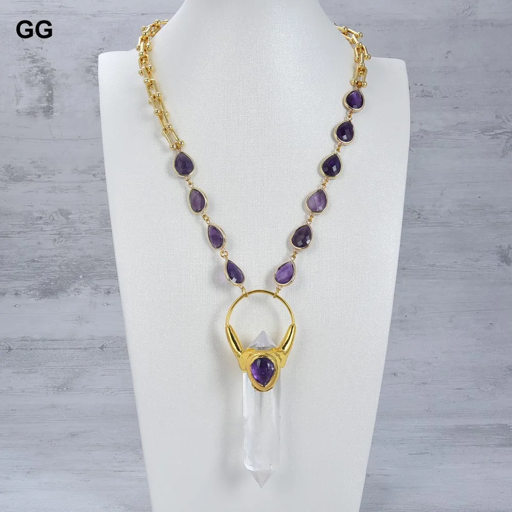 

GuaiGuai ювелирные изделия натуральный Фиолетовый аметист цепочка ожерелье с двойной точкой кварца позолоченный кулон