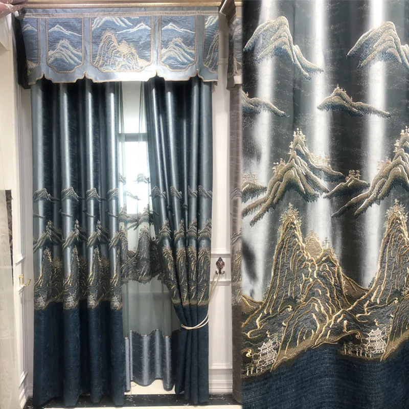 

Precision Three-dimensional Embroidery New Chinese Villa Curtains for Living Dining Room Bedroom Study Landscape Painting Tulle