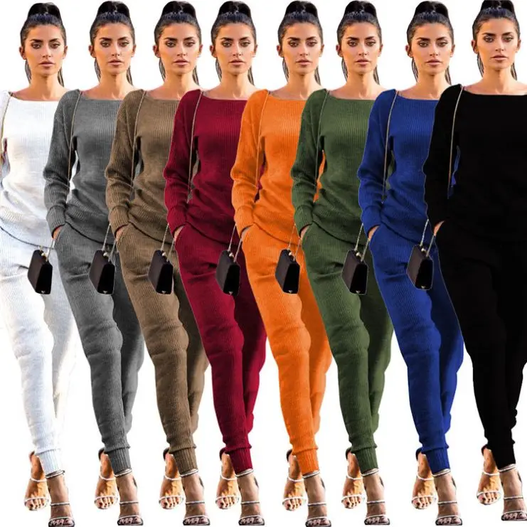 

S12489 Trending 2019 casual 8colors knitting solid color long sleeve round collar 2 piece set winter suit for women clothing