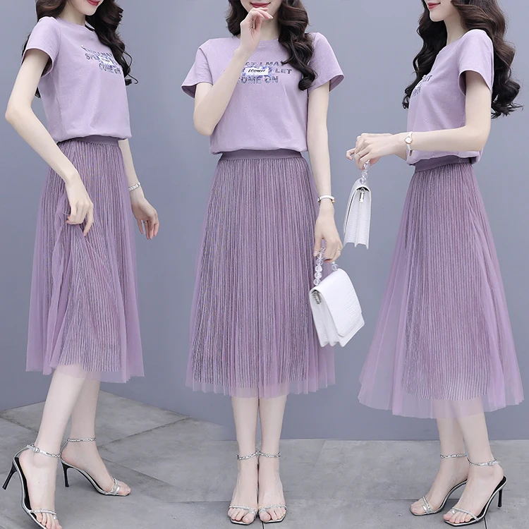 

Summer New Flash Silver Pearl Cotton Short Sleeve T-Shirt Stuck Drill Purple Women'S Clothing Set Sweatshirt Top