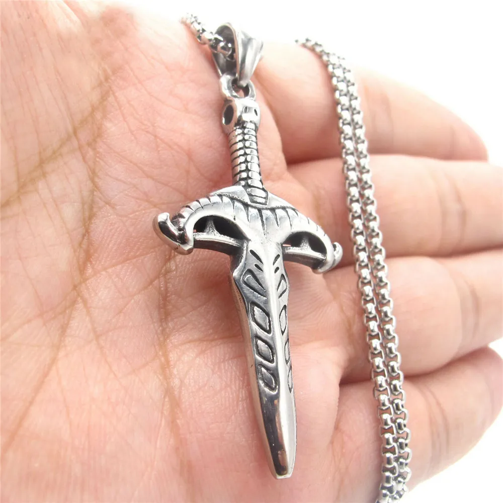 

Cool Mens Boys Stainless Steel Cross Dagger Pendant Necklace For Men