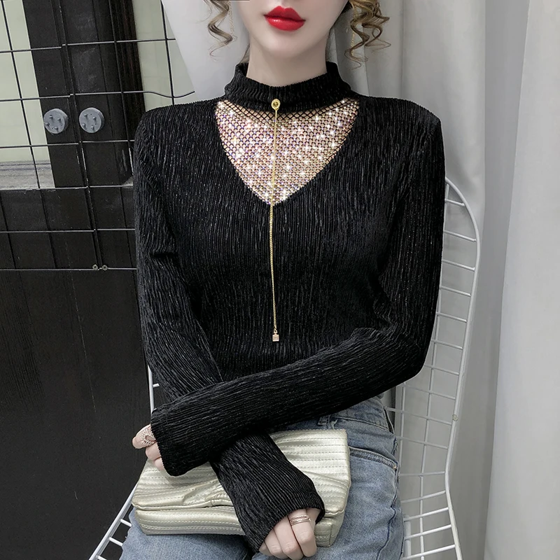 

New 2021 Spring Long Sleeve Woman's tshirt Fashion Casual Sexy Hollow Out Mesh Tops Plus Size Female Shirt Blusas