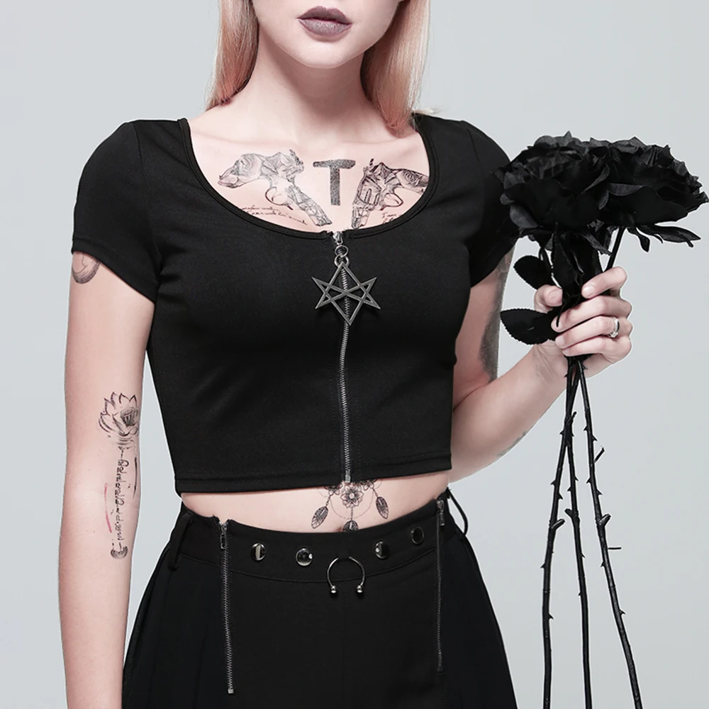 Женский короткий топ на молнии с коротким рукавом в готическом стиле|Футболки| |