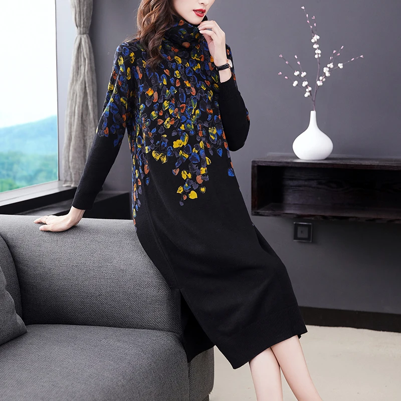 

COIGARSAM осеннее женское платье 2021 офисное женское платье в Корейском стиле с принтом с длинным рукавом Свободная водолазка прямые расстроенн...