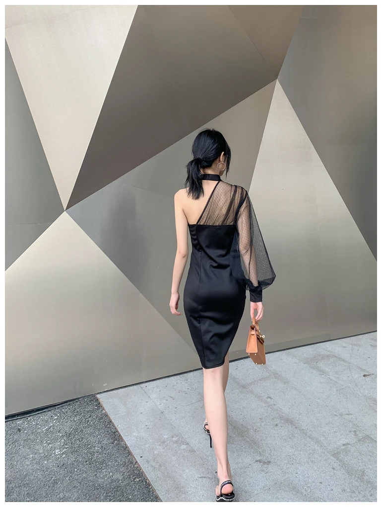 

Hepburn Style High-End Black Knee-length Dress Sexy Diagonal Collar Evening Dress 2021 Summer Mesh Stitching Tight Elegant Dress
