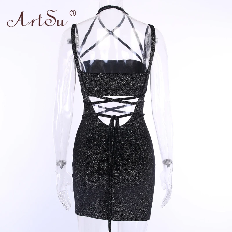 ArtSu Sparkly Black Sexy Dresses Club Wear Women Bodycon Mini Bandage Dress Two Piece Set Fashion Hollow Out Halter Party | Женская