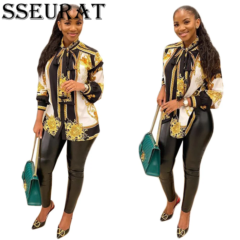 

SSEURAT Women Vintage Print Long Sleeve Blouses 2021 Autumn Casual Loose Blouse Shirt Tops