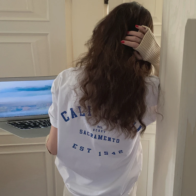 

Korejpaa Women T-Shirt 2021 Summer Korea Chic Girl Simple Casual Basic Round Neck Contrast Letter Print Loose Versatile Pullover