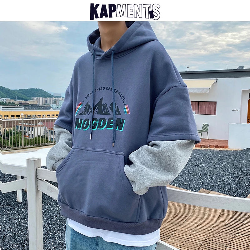 

KAPMENTS Men Letter Streetwear Patchwork Sweatshirts 2022 Thick Mens Harajuku Hip Hop Hooded Hoodies Couple Korean Loose Clothes