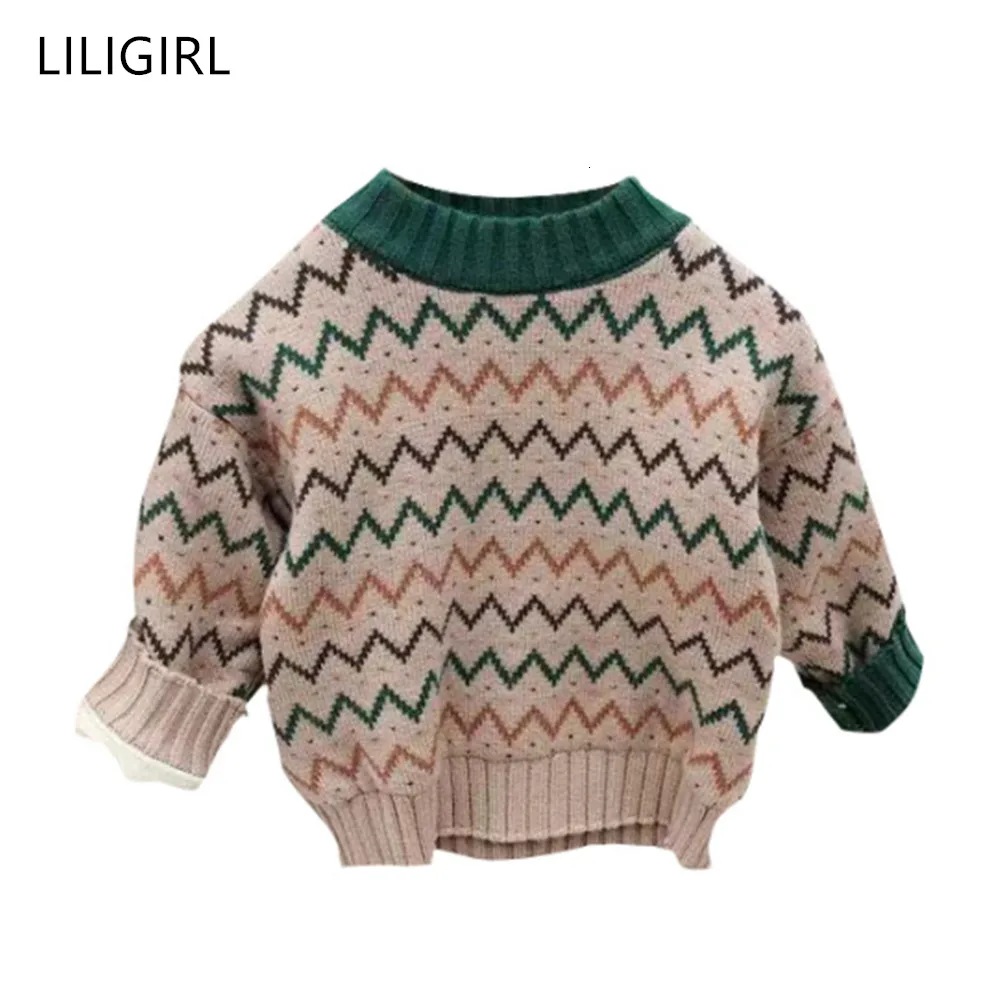 LILIGIRL; Новинка; свитера для маленьких девочек; сезон весна-осень; Детский Теплый пуловер с длинными рукавами; модный детский вязаный свитер в волнистую полоску с принтом