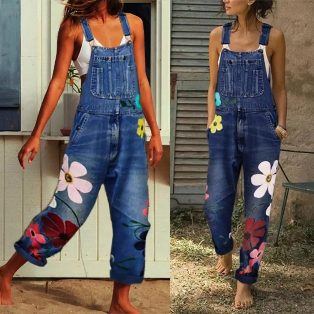 

70% Hot Sell Women Floral Print Pockets Washable Denim Overall Jumpsuit Suspender Trousers