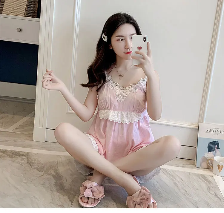 

Sexy Pjs Roomwear Two Piece Pajamas Summer Cotton Lace Sleepwear Cute Princess Homewear Female Short Pajama Set Night Suit 2020