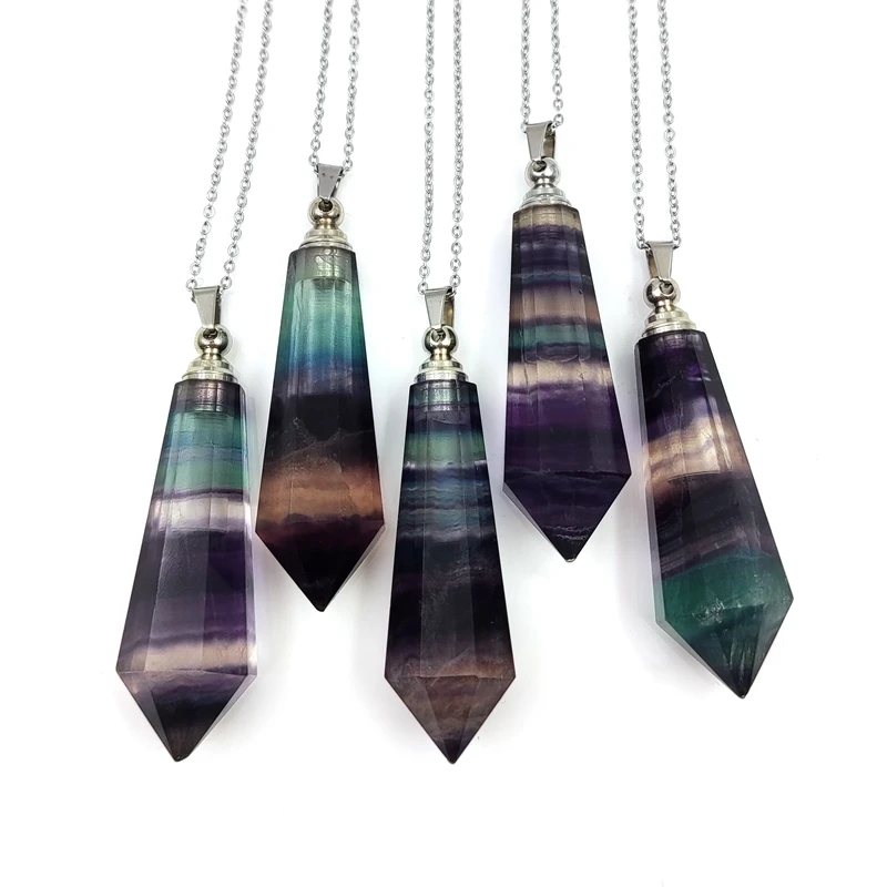 

Hexagon Point Natural Rainbow Fluorite Stone Perfume Bottle Pendant Necklace Healing Energy Reiki Essential Oil Diffuser Chain