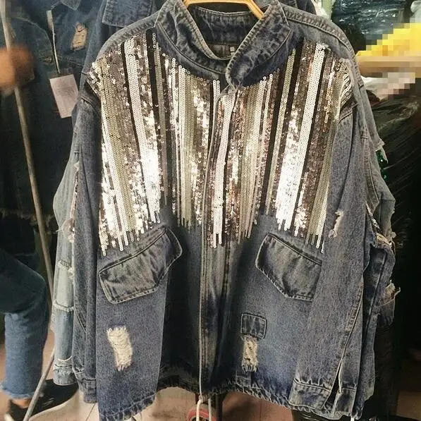 2020 модное свободное джинсовое пальто в ковбойском стиле с блестками Женское на