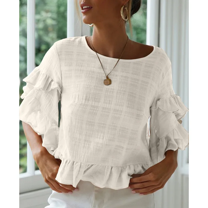 Женская летняя модная футболка с коротким рукавом и оборками по краю|Футболки| |