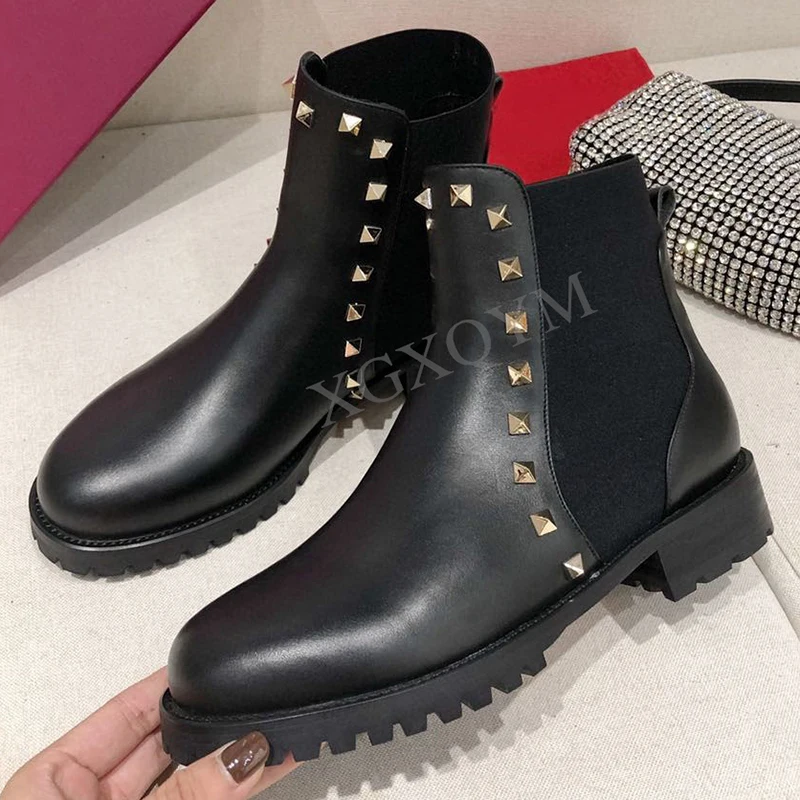 

Luxury Brand Women Ankle Boots Round Toe Slip On Shoes For Women Genuine Leather Female Chelsea Boots Rivet Decor Short Boots