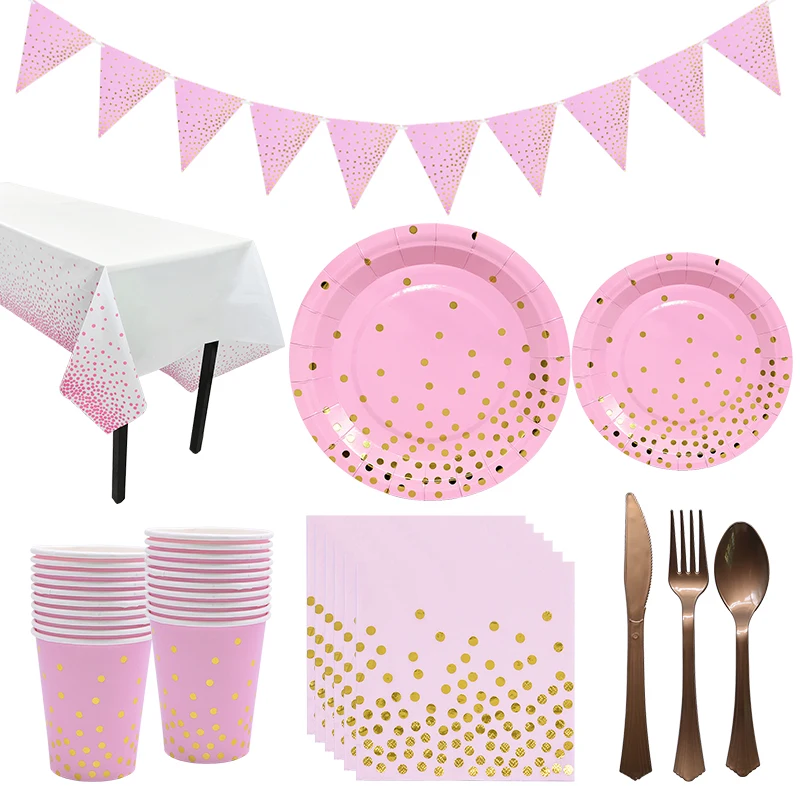 

1 Set Cute Pink Dots Disposable Tableware Baby Girls Party Favorite Cup Plate Straws Baby Shower Birthday Party Decor Supplies
