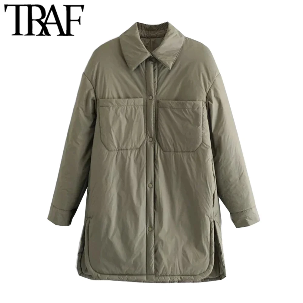 

TRAF Women Fashion With Pockets Padded Loose Thin Jacket Coat Vintage Long Sleeve Side Vents Female Outerwear Chic Overshirt