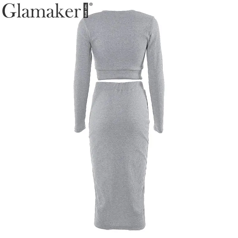 Glamaker вязаный костюм из двух частей сексуальное платье зимнее женское с v-образным вырезом элегантное платье миди осенние вечерние Клубные платья с длинным рукавом облегающее платье