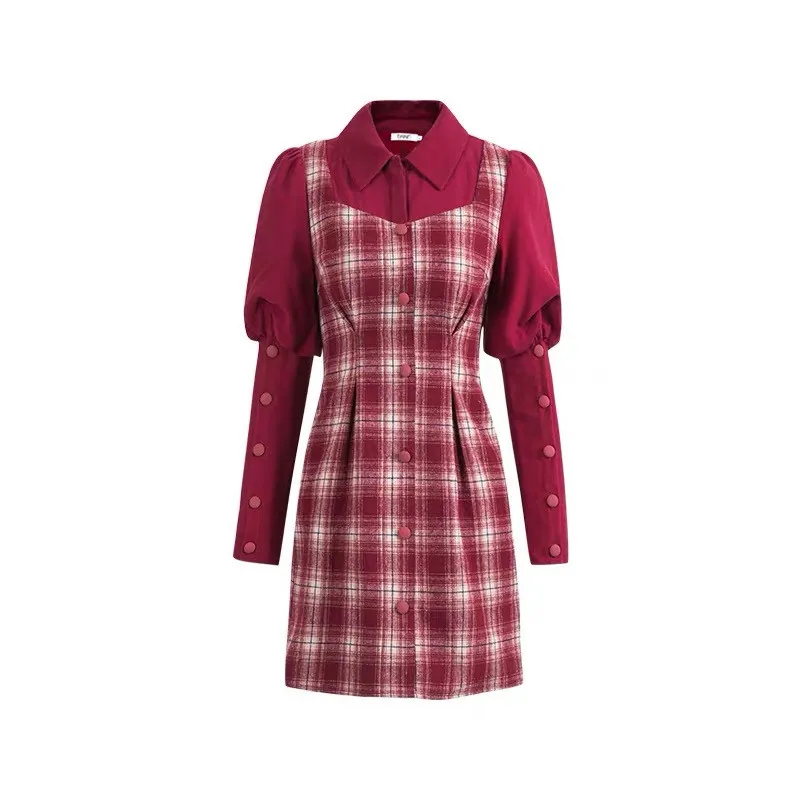 

Spring New Style Elegant Retro Temperament Slim Fit Red Plaid Stitching Fake Two-piece Waist Slim Long Sleeve Dress L16