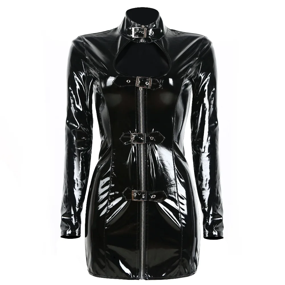 2020 Сексуальное Женское Платье из латекса с резиновой пряжкой вырезом под ключ и