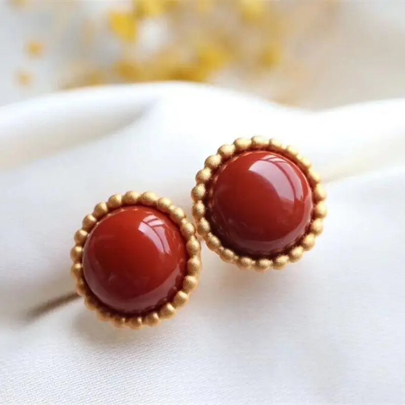 

Original unique craft ancient method gold inlaid round chalcedony earrings Chinese style personality ladies silver jewelry