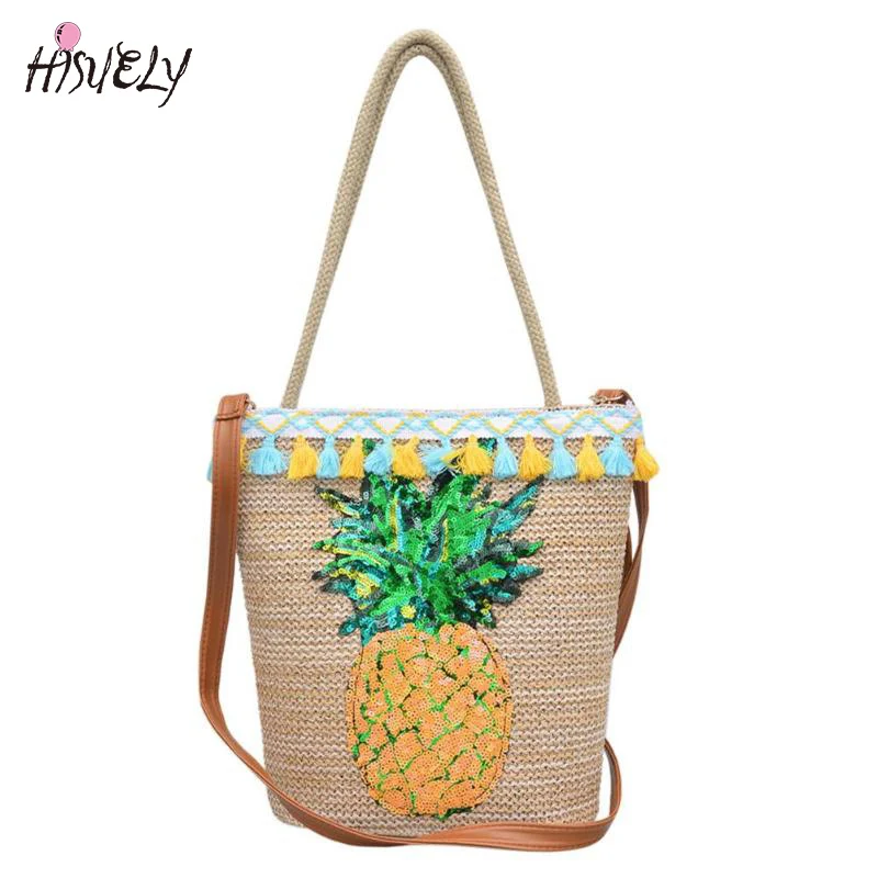 Летние соломенные сумочки с кисточками принтом женская пляжная сумка пайетками