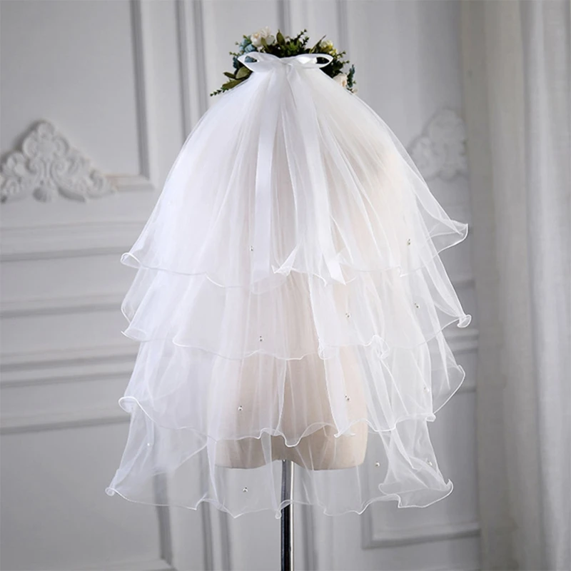 

Wedding Bridal Veil with Metal Comb Wedding Hair Accessories for Brides 4 Tier Longest Tulle 34" Embellished with Pearls