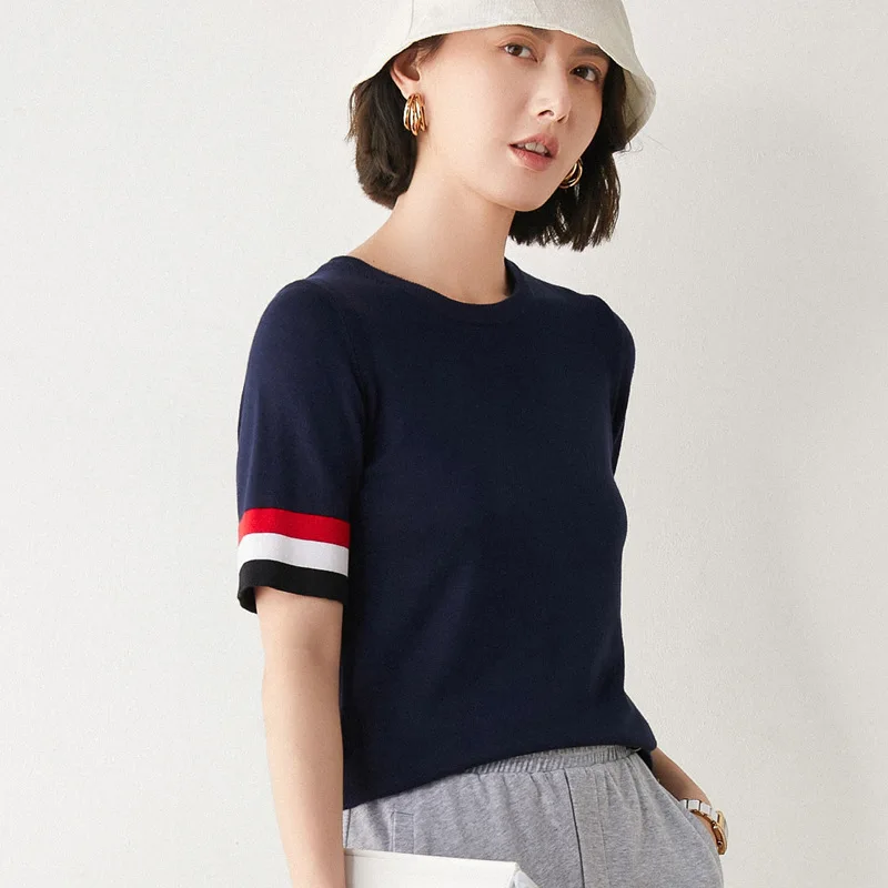 

Short-sleeved T-shirt Women 2021 Summer New Mercerized Cotton Half-sleeved Top Striped Loose Women's Short Bottoming Shirt Tide