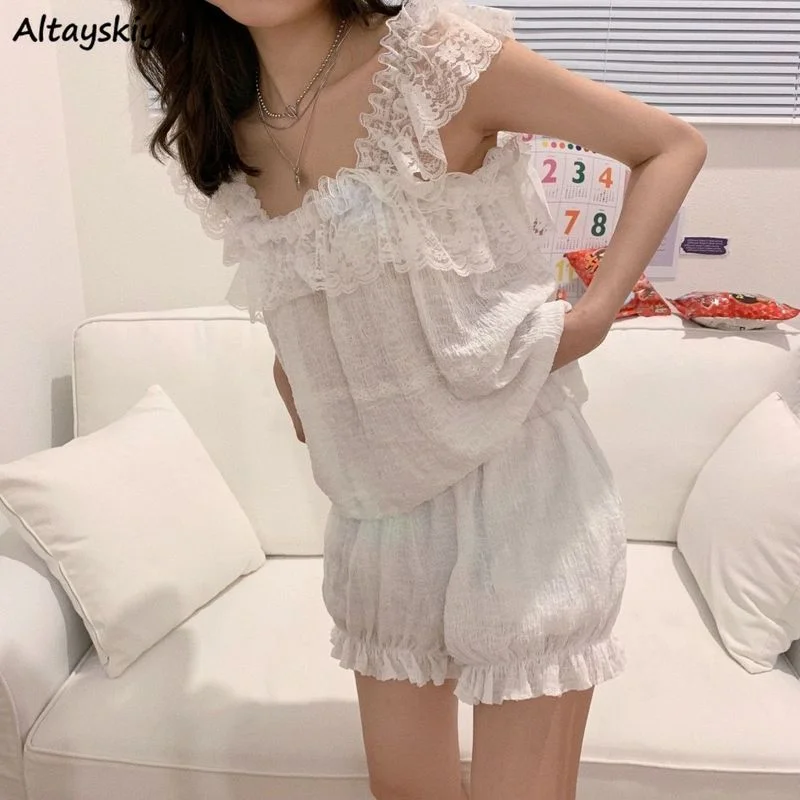 

Пижамный комплект Женский Ulzzang, Ультрамодная Милая простая Домашняя одежда, женская одежда для сна, белый пикантный кружевной дизайн без ру...