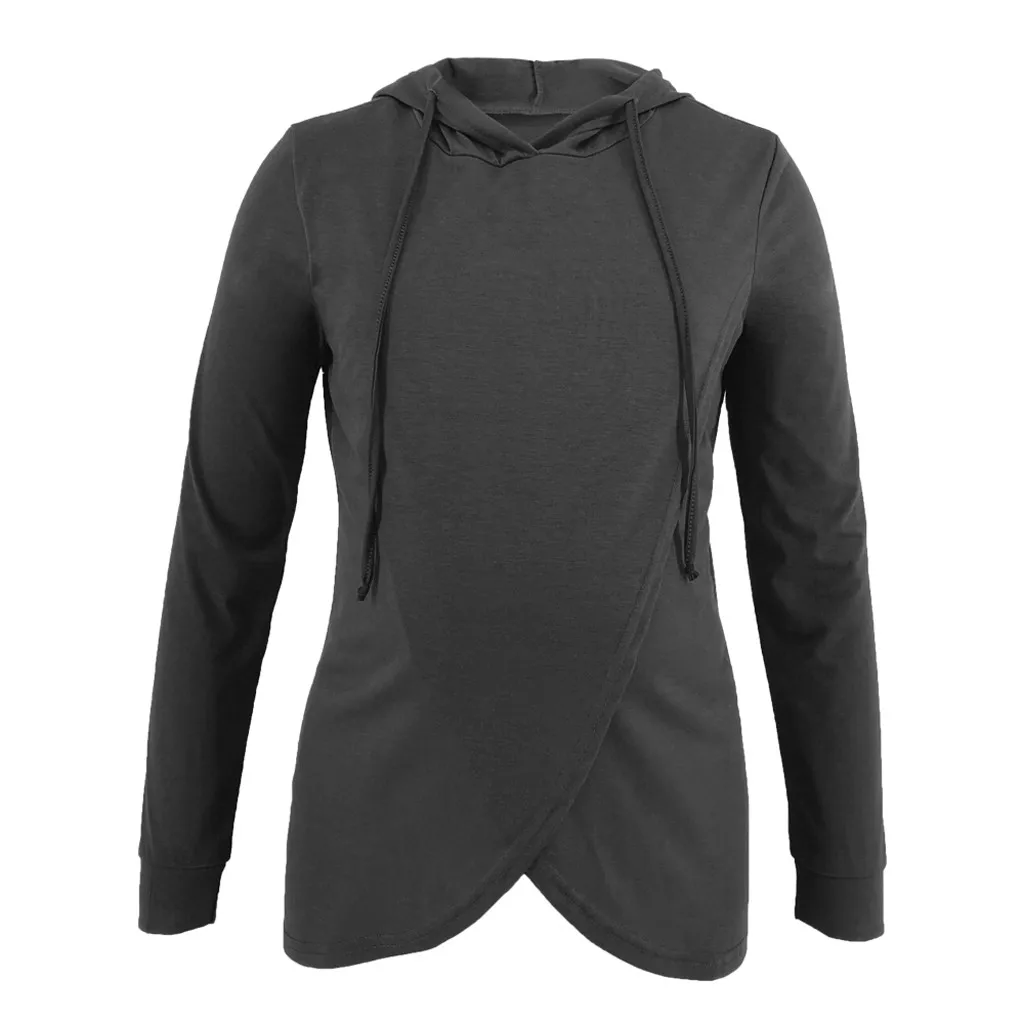 Dark Gray Топ для кормящих женщин, зимний с капюшоном, неровный однотонный пуловер, футболка для кормления, Элегантная модная повседневная одежда для беременных, Одежда для беременных, 19Aug - Цвет: Dark Gray