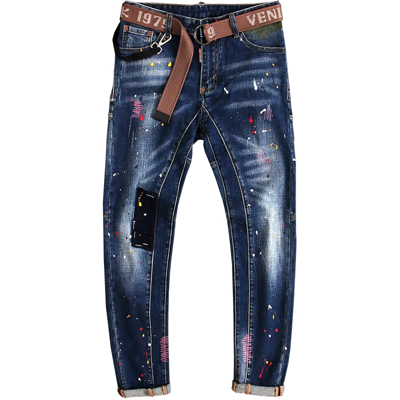 European American Fashion Men Jeans Retro Blue Elastic Slim Fit Ripped Jeans Men Street Splashed Painted Designer Hip Hop Pants