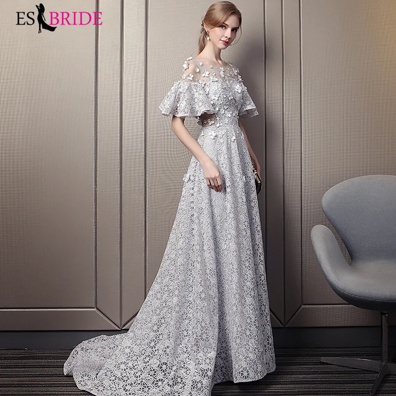 Элегантные кружевные вечерние платья ES2936 трапециевидной формы с круглым вырезом