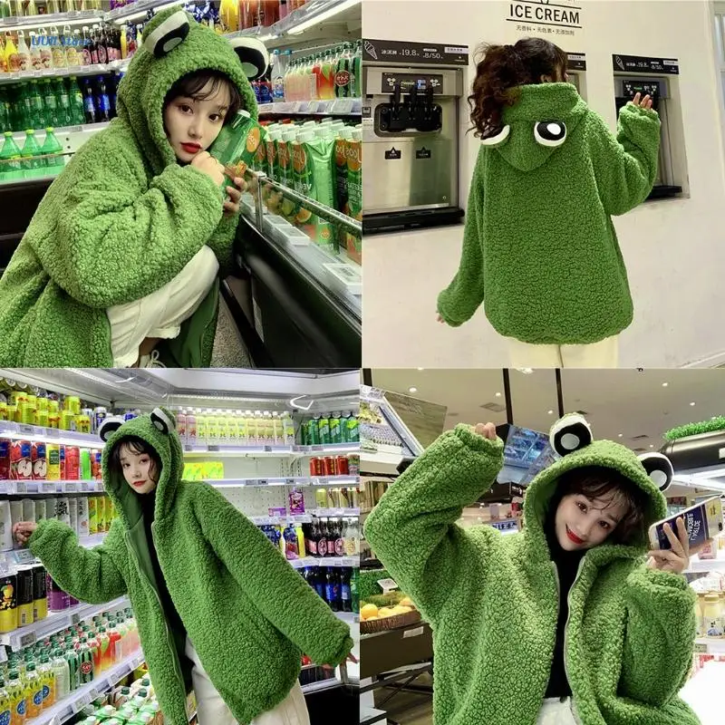 

Women Cute Frog Eyes Zip Up Hoodie Jacket Fuzzy Plush Warm Oversized Loose Coat XX9D