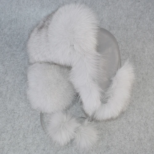 natural fox white 2 Натуральный Лисий мех шапки-бомберы зимние теплые женские пушистые шапки-ушанки из меха лисы Роскошные качественные женские шапки из натуральной кожи - Цвет: natural fox white 2