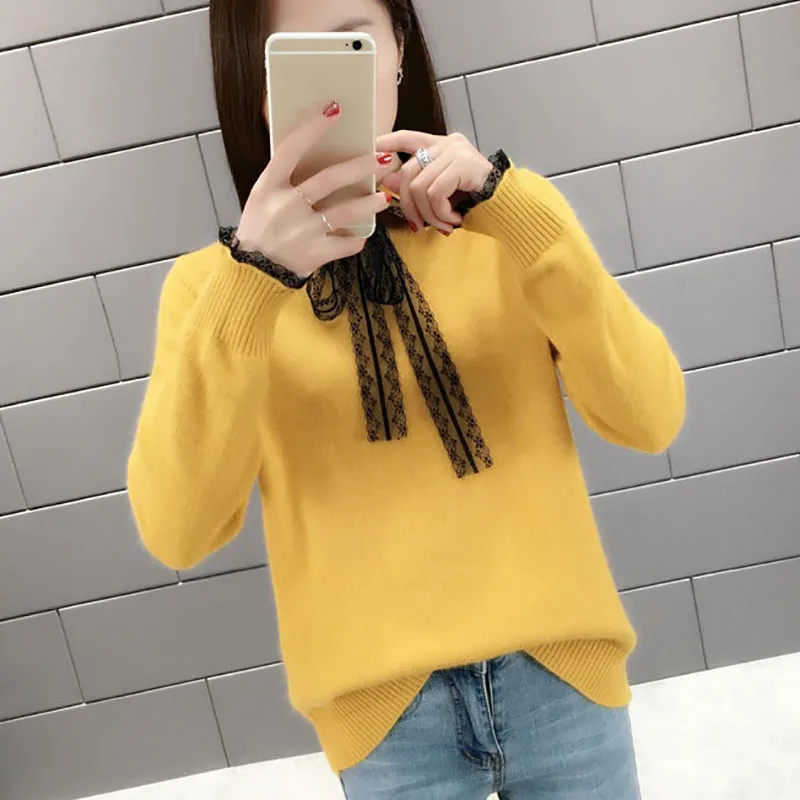 

Women's Clothing Knitted Sweaters 2021 New Bottoming shirt Autumn Lace Bow Neck Long-Sleeve Knit Sweater Loose Lady Top Knitwear