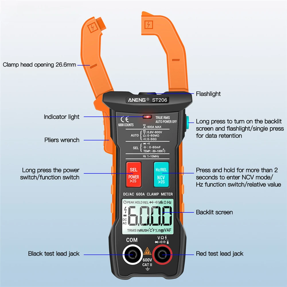 

Digital Clamp Meter ST206 True RMS Electric Portable AC/DC Current Strong Toughness Voltage Data Hold Multimeter