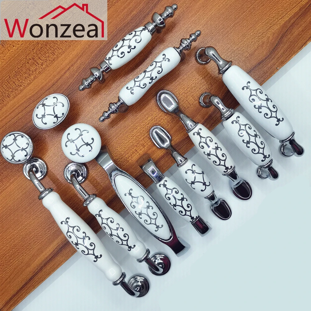 zinc alloy ceramic dresser pulls drawer furniture handles ceramic kitchen cabinet door knobs silver knobs pulls porcelain free global shipping