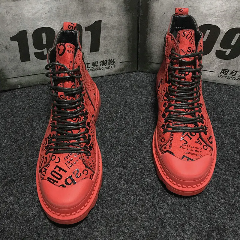 spesifikasi Sepatu Bot Tentara Pria Sepatu Bot Pergelangan Kaki Kasual Sepatu Kulit Tinggi Sepatu Bot Militer Grafiti Hip Hop Merah Pria Sepatu Sneakers NA-32