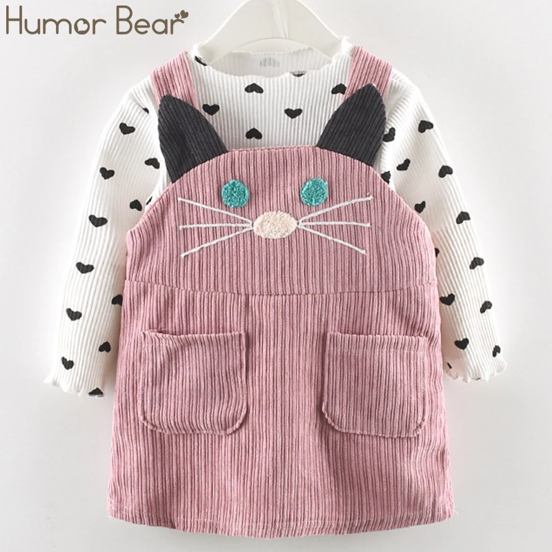 BZ707 pink Humor Bear/детская одежда; платье для девочек; сезон весна-осень; хлопковые вечерние платья с бантом и длинными рукавами с имитацией двух предметов; Милая одежда для маленьких девочек - Цвет: BZ707 pink