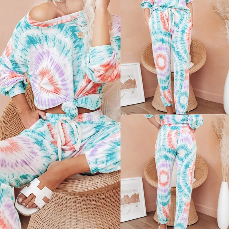Женский топ с принтом Tie-Dye и повседневные штаны комплект из 2 предметов для женщин
